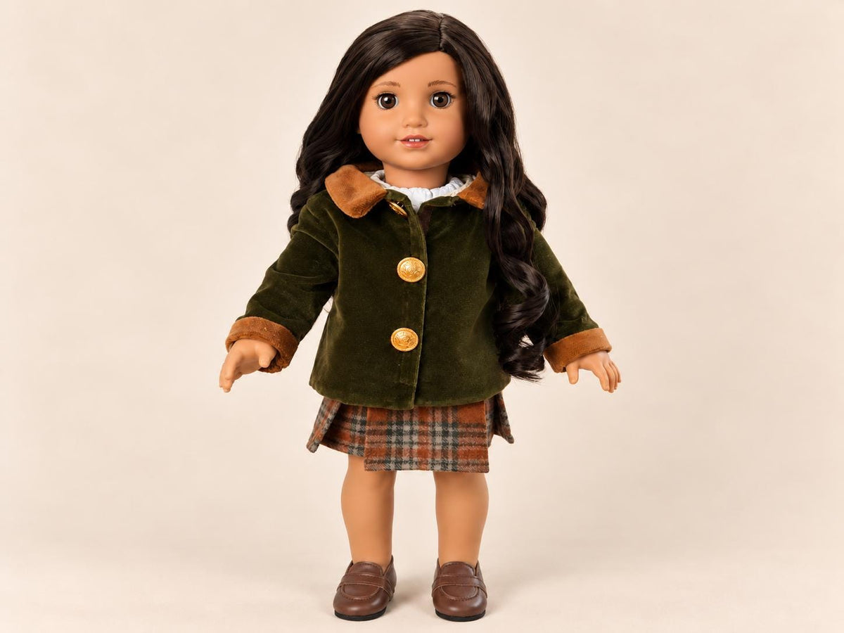 18 Inch Doll Outfit, Olive Velvet Coat and Plaid Skirt – The Rowan